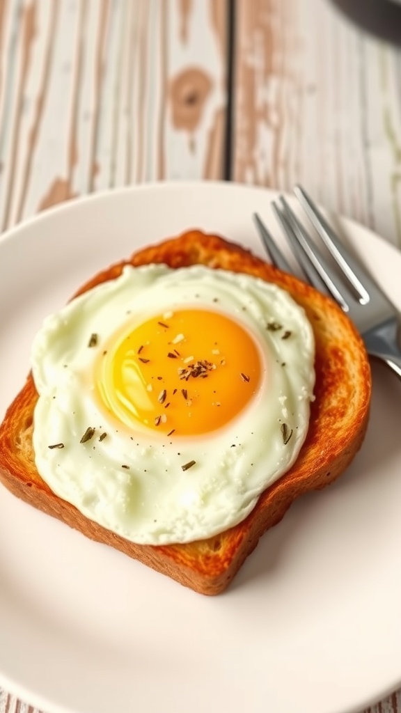 Crispy toast with sunny-side-up egg on top, garnished with salt and pepper on a rustic wooden table.